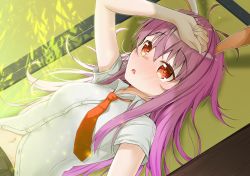 Rule 34 | 1girl, animal ears, arm up, blush, breasts, hand on own forehead, highres, korean commentary, long hair, looking up, lying, medium breasts, mixed-language commentary, navel, necktie, on back, on floor, parted lips, purple hair, rabbit ears, red eyes, red necktie, reisen udongein inaba, ridario (eag0003), shirt, short sleeves, solo, sunlight, tatami, touhou, upper body, very long hair, white shirt
