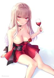 Rule 34 | 1girl, areola slip, bare legs, black bow, black choker, blush, bow, breasts, choker, cleavage, closed mouth, cup, dress, drinking glass, eyelashes, flower, highres, holding, holding cup, jewelry, knees together feet apart, large bow, light brown hair, long hair, looking at viewer, medium breasts, nail polish, off-shoulder dress, off shoulder, original, pendant, red dress, red eyes, red nails, rose, short dress, simple background, sitting, smile, solo, straight hair, strapless, strapless dress, tetsu tissue, thighs, white background, wine glass