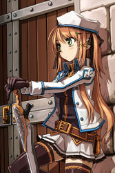 Rule 34 | 1girl, bail, belt, blonde hair, breasts, gloves, green eyes, hands on hilt, hat, knight escort, long hair, lowres, night, skirt, small breasts, solo, sword, sword girls, thighhighs, uniform, weapon