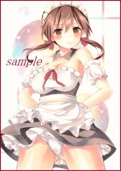 Rule 34 | 1girl, apron, bad id, bad pixiv id, bare shoulders, black skirt, blush, breasts, brown eyes, brown hair, cleavage, closed mouth, colored pencil (medium), cowboy shot, detached collar, detached sleeves, embarrassed, frilled apron, frills, gertrud barkhorn, hair between eyes, large breasts, legs apart, light frown, long hair, looking at viewer, maid, maid headdress, marker (medium), panties, potto, puffy detached sleeves, puffy sleeves, sample watermark, skirt, solo, strike witches, traditional media, underwear, upskirt, waist apron, watermark, white panties, world witches series