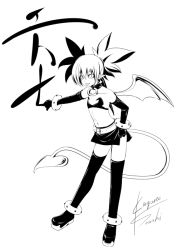 Rule 34 | bat wings, demon tail, disgaea, earrings, elbow gloves, etna (disgaea), flat chest, gloves, greyscale, hagane soushi, jewelry, monochrome, signature, tail, thighhighs, twintails, wings