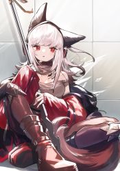 Rule 34 | 1girl, absurdres, arknights, belt buckle, boots, buckle, commentary request, crossed legs, female focus, fox tail, frostleaf (arknights), geta (epicure no12), headphones, highres, holding, holding polearm, holding weapon, hood, hoodie, knee pads, light, long hair, long sleeves, looking away, material growth, neck warmer, off-shoulder shirt, off shoulder, on floor, oripathy lesion (arknights), oversized clothes, pantyhose, parted lips, polearm, red eyes, red pantyhose, resting, ribbon, shirt, sitting, solo, tail, weapon, white hair