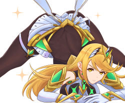 Rule 34 | 1girl, arm rest, ass, bare shoulders, black pantyhose, blonde hair, breasts, butt crack, chest jewel, cleavage, dress, earrings, flexible, full body, gloves, highres, jack-o&#039; challenge, jewelry, large breasts, long hair, looking at viewer, meme, mythra (massive melee) (xenoblade), mythra (xenoblade), nintendo, pantyhose, simple background, solo, spread legs, super smash bros., swept bangs, tiara, top-down bottom-up, truejekart, very long hair, white background, wide spread legs, xenoblade chronicles (series), xenoblade chronicles 2, yellow eyes