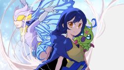 arthropod_girl blue_hair butterfly_wings coat coat_on_shoulders digimon digimon_(creature) digimon_story:_cyber_sleuth digimon_story:_cyber_sleuth_hacker&#039;s_memory highres hudiemon insect_wings long_hair mask mishima_erika monster_girl twintails very_long_hair wings wormmon yellow_eyes