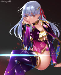 Rule 34 | 1girl, aona (anagasaki), armlet, armor, bikini armor, breasts, collar, crossed legs, dress, earrings, fate/grand order, fate (series), hair ribbon, hand on own cheek, hand on own face, highres, jewelry, kama (fate), kama (second ascension) (fate), large breasts, long hair, metal collar, purple dress, purple sleeves, purple thighhighs, red eyes, red ribbon, ribbon, silver hair, sitting, solo, thighhighs, thighlet
