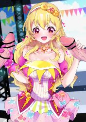 Rule 34 | 1girl, 2boys, :d, absurdres, aikatsu!, aikatsu! (series), bar censor, bare shoulders, blonde hair, blurry, blurry background, blush, bow print, breasts, censored, choker, cleavage, depth of field, detached sleeves, double handjob, dress, earrings, erection, exhibitionism, floral print, gloved handjob, gloves, hair between eyes, hair over shoulder, hairband, handjob, heart, hetero, highres, hoshimiya ichigo, idol, jewelry, large breasts, long hair, looking at penis, mikorin, multicolored clothes, multicolored dress, multiple boys, nail polish, open mouth, out of frame, penis, pink dress, pink gloves, pink nails, pink sleeves, pouch, public indecency, red eyes, rose print, smile, solo focus, speed lines, spoken heart, stage, sweat, upper body, veins, veiny penis