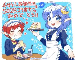 Rule 34 | 2girls, alternate costume, apron, blue eyes, blue hair, chisato madison, closed mouth, crescent, crescent hair ornament, dress, earrings, eating, food, frilled apron, frills, hair ornament, holding, holding tray, jewelry, looking at viewer, maid, maid apron, multiple girls, nekomura otako, open mouth, pointy ears, red hair, rena lanford, sandwich, short hair, smile, star ocean, star ocean the second story, tray, waist apron, white apron