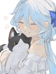 Rule 34 | 1girl, alternate costume, animal, aroha252538, bare shoulders, blue hair, blue ribbon, blush, cat, closed eyes, commentary request, dress, furina (genshin impact), genshin impact, grin, hair ribbon, highres, holding, holding animal, long hair, multicolored hair, off shoulder, one eye closed, ribbon, simple background, smile, two-tone hair, white background, white dress, white hair