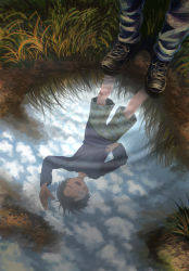 Rule 34 | 1boy, bandaid, bandaid on face, bandaid on knee, bandaid on leg, cloud, different reflection, closed eyes, grass, long sleeves, male focus, open mouth, original, outdoors, puddle, reflection, sasakure (mogunonbi), shoes, short hair, shorts, sky, solo, water