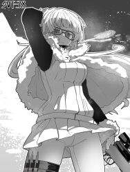 Rule 34 | 1girl, absurdres, blue eyes, breasts, capelet, character name, cowboy shot, frown, fur-trimmed capelet, fur trim, girls&#039; frontline, glasses, gun, highres, holding, holding gun, holding weapon, long hair, looking at viewer, medium breasts, minami shin (zenshuu bougyo), monochrome, pants, pleated skirt, rifle, rifle cartridge, skirt, solo, spot color, svt-38, svt-38 (girls&#039; frontline), trigger discipline, weapon