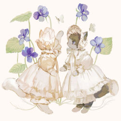 Rule 34 | animal, animal focus, barefoot, blue eyes, blue flower, bonnet, bow, bug, butterfly, cat, clothed animal, dress, ears through headwear, flower, frilled bonnet, frilled dress, frilled sleeves, frills, full body, highres, insect, layered dress, long dress, looking at another, neck ribbon, no humans, original, pink bow, pink dress, pink ribbon, ribbon, slit pupils, standing, tono (rt0no), white bow, white butterfly, white dress, white ribbon