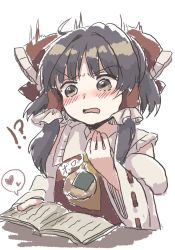 Rule 34 | !?, 1girl, ascot, bare shoulders, blush, book, bow, brown eyes, collared dress, commentary request, cookie, detached sleeves, dress, food, frills, grey eyes, grey hair, hair bow, hair ornament, hair tubes, hakurei reimu, hand up, heart, long sleeves, looking down, matsukuzu, open book, open mouth, reading, red bow, red dress, short hair, simple background, sitting, solo, table, touhou, white background, wide sleeves, yellow ascot