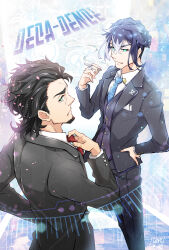 Rule 34 | 2boys, black hair, black jacket, black pants, black vest, blue hair, blue necktie, closed mouth, collared shirt, copyright name, decadence (anime), facial hair, formal, frown, goatee, hand on own hip, holding, holding marker, jacket, jewelry, kaburagi (decadence), lionbell, long sleeves, male focus, marker, minato (decadence), multiple boys, napkin, necktie, pants, red necktie, ring, shirt, short hair, sideburns, smile, suit, vest, white shirt