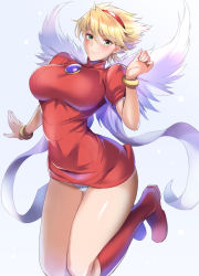 Rule 34 | 1girl, blonde hair, blush, boots, bracelet, breasts, breath of fire, breath of fire iii, brooch, dress, green eyes, hairband, jewelry, knee boots, kumakichi (cost-lost), large breasts, looking at viewer, nina (breath of fire iii), puffy short sleeves, puffy sleeves, red dress, red footwear, sash, short dress, short sleeves, smile, swept bangs, white wings, wings