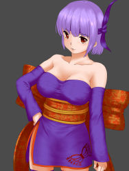 Rule 34 | 1girl, ayane (doa), bare shoulders, bow, breasts, cleavage, cowboy shot, dead or alive, detached sleeves, grey background, hand on own hip, headband, highres, large breasts, purple hair, raseruta, red eyes, short hair, side slit, simple background, solo, thighhighs, zettai ryouiki