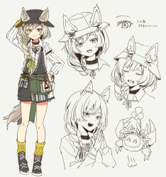 Rule 34 | 1girl, animal, arknights, beanstalk (arknights), black footwear, black headwear, black shorts, braid, brown hair, commentary, crab, ears through headwear, expressions, closed eyes, fangs, flower, flower on head, full body, gloves, green hair, green ribbon, grey background, hair ribbon, hand on headwear, harami (hara 333), hyena ears, hyena girl, hyena tail, infection monitor (arknights), looking at viewer, metal crab (arknights), multicolored hair, multiple views, open mouth, overalls, own hands together, partially colored, portrait, red eyes, ribbon, shirt, shoes, shorts, simple background, single braid, single glove, smile, socks, streaked hair, symbol-only commentary, white shirt, yellow gloves, yellow legwear
