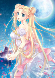 Rule 34 | 1girl, bare shoulders, bishoujo senshi sailor moon, blonde hair, blue eyes, bow, castle, crescent, crescent facial mark, double bun, dress, facial mark, forehead mark, full moon, hair bun, long hair, looking back, md5 mismatch, moon, partially submerged, petals, princess serenity, resolution mismatch, satou (satottoro), smile, solo, source smaller, strapless, strapless dress, tsukino usagi, twintails, very long hair, wading, water, white dress