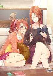 Rule 34 | 2girls, absurdres, black shirt, book, brown eyes, brown hair, brown skirt, coffee cup, collarbone, couch, crossed legs, cup, disposable cup, dress shirt, hair between eyes, hair ornament, hair scrunchie, highres, holding, holding book, idolmaster, idolmaster cinderella girls, indoors, long hair, miniskirt, multiple girls, open book, open mouth, peppe, pillow, pink scrunchie, pleated skirt, ponytail, red skirt, scrunchie, shiina noriko, shirt, sitting, skirt, socks, table, white legwear, white shirt, zaizen tokiko