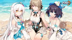 Rule 34 | 3girls, :d, alternate costume, beach, black hair, blue eyes, blush, breasts, brown hair, bug, butterfly, cleavage, closed mouth, collarbone, dat (tokaku), day, dress, earrings, frills, hair ornament, hairband, hat, highres, honkai (series), honkai impact 3rd, insect, jewelry, kiana kaslana, kiana kaslana (herrscher of the void), large breasts, long hair, looking at viewer, maid, maid headdress, maid one-piece swimsuit, medium breasts, mole, mole under eye, multiple girls, ocean, official art, one-piece swimsuit, one eye closed, open mouth, outdoors, purple eyes, rita rossweisse, rita rossweisse (phantom iron), sand, seele vollerei, seele vollerei (swallowtail phantasm), smile, sundress, swimsuit, unconventional maid, white hair, yellow eyes