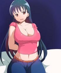 Rule 34 | 1girl, absurdres, arms behind back, blue hair, breasts, brown eyes, cleavage, cleavage cutout, clothing cutout, collarbone, covered erect nipples, highres, large breasts, long hair, midriff, navel, original, sitting, solo, tsukkii