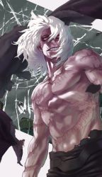 Rule 34 | 1boy, boku no hero academia, burn scar, commentary request, crack, grey hair, grey sky, highres, male focus, messy hair, pants, red eyes, scar, scar on arm, scar on chest, scar on face, scar on stomach, shigaraki tomura, sky, solo, teeth, torn clothes, white background, yomoyama yotabanashi