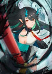 Rule 34 | 1girl, arknights, bare shoulders, black hair, black jacket, black skirt, blue hair, breasts, commentary, dragon horns, dragon tail, dusk (arknights), flame-tipped tail, floating hair, hair between eyes, highres, holding, horns, jacket, long hair, looking at viewer, medium breasts, multicolored hair, open clothes, open jacket, parted lips, pointy ears, red eyes, shirt, signature, skirt, sleeveless, sleeveless shirt, solo, streaked hair, sy509, tail, very long hair, white shirt