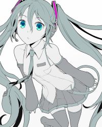 Rule 34 | 1girl, aqua eyes, aqua hair, aqua nails, aqua necktie, bare shoulders, black skirt, black thighhighs, blue eyes, collared shirt, detached sleeves, female focus, fingernails, flat color, hatsune miku, headset, itou (onsoku tassha), long hair, looking at viewer, muted color, nail polish, necktie, pleated skirt, shirt, simple background, skirt, sleeves past wrists, solo, spot color, thighhighs, twintails, very long hair, vocaloid, white background, zettai ryouiki