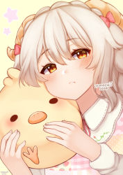 Rule 34 | 1girl, bird, blush, bow, chick, closed mouth, commentary, dated, english commentary, freckles, grey hair, hair bow, heart, heart in eye, holding, horns, long sleeves, looking at viewer, orange eyes, original, red bow, sheep horns, short hair, signature, solo, star (symbol), symbol in eye, temachii, yellow background