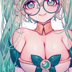 Rule 34 | 1girl, bare shoulders, blush, bow, bowtie, breasts, cleavage, closed mouth, detached collar, detached sleeves, green bow, green bowtie, green hair, grey background, hair ornament, highres, large breasts, league of legends, long hair, round eyewear, simple background, smile, sona (league of legends), sparkle, star guardian sona, thedistantdawn, twintails, upper body