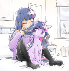 Rule 34 | 1girl, artist name, bed, black pantyhose, blue hair, blunt bangs, blush, closed eyes, commentary, dated, dual persona, eyelashes, feet, flower, hand in own hair, holding, holding hair, my little pony, my little pony: friendship is magic, nervous, no shoes, pantyhose, personification, pony (animal), purple eyes, reavz, sidelocks, smelling, sweater, thighhighs, twilight sparkle, unicorn