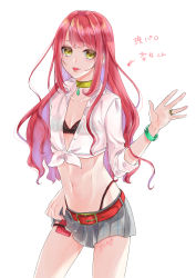 Rule 34 | 1boy, absurdres, belt, belt buckle, buckle, choker, condom, highres, jewelry, long hair, male focus, midriff, multicolored hair, navel, ojo ysm29, pink hair, red hair, ring, simple background, skirt, thong, trap, white background, yellow eyes