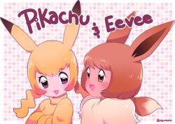 Rule 34 | 2girls, :d, blonde hair, blush, brown eyes, brown hair, character name, commentary, creatures (company), dotted background, eevee, eyelashes, game freak, gen 1 pokemon, highres, long hair, multiple girls, nintendo, open mouth, personification, pikachu, pokemon, pokemon ears, smile, tongue, twintails, upper body, watermark, yajuuraku