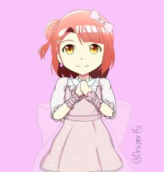 Rule 34 | 1girl, artist name, artist request, back bow, blush, bow, bowtie, braid, braided bun, breasts, dream with you (love live!), dress, dress bow, earrings, female focus, frilled skirt, frills, green eyes, hair bow, hair bun, jewelry, long sleeves, looking at viewer, love live!, love live! nijigasaki high school idol club, love live! school idol festival, miniskirt, neck ruff, necklace, orange hair, parted lips, pearl earrings, pearl necklace, pink background, pink bow, pink dress, pink skirt, pink wrist cuffs, plaid, plaid dress, plaid skirt, pleated, pleated dress, pleated skirt, polka dot, polka dot skirt, puffy short sleeves, puffy sleeves, red hair, short hair, short sleeves, side bun, single side bun, skirt, small breasts, smile, solo, uehara ayumu, white bow, wrist cuffs, yellow eyes