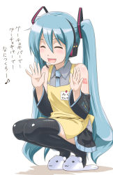 Rule 34 | 1girl, apron, blue hair, blush, detached sleeves, closed eyes, happy, hatsune miku, long hair, necktie, slippers, smile, solo, squatting, thighhighs, translated, twintails, very long hair, vocaloid, youkan, zettai ryouiki