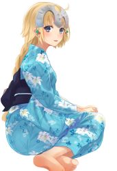 Rule 34 | 1girl, :d, ahoge, akame (akamiru), alternate costume, bad id, bad twitter id, barefoot, black bow, blonde hair, blue eyes, blue kimono, blush, bow, braid, commentary request, fate/apocrypha, fate (series), floral print, foreshortening, headpiece, japanese clothes, jeanne d&#039;arc (anniversary heroines) (fate), jeanne d&#039;arc (fate), jeanne d&#039;arc (ruler) (fate), kimono, long hair, long sleeves, looking at viewer, open mouth, own hands together, sash, simple background, single braid, sitting, smile, solo, very long hair, white background, wide sleeves, yokozuwari, yukata