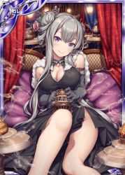 Rule 34 | 1girl, akkijin, black gloves, breasts, card (medium), chinese clothes, flower, gloves, grey hair, hair flower, hair ornament, incense, incense burner, large breasts, long hair, looking at viewer, official art, purple eyes, shinkai no valkyrie, sitting