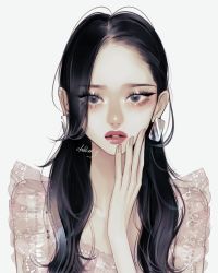 Rule 34 | 1girl, earrings, eyeshadow, grey eyes, hand on own chin, highres, jewelry, lace, lips, long hair, looking at viewer, makeup, nail polish, original, parted bangs, parted lips, see-through, see-through sleeves, signature, solo, straight-on, takenaka, upper body, watermark, wavy hair, web address
