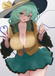 Rule 34 | 1girl, absurdres, breasts, cleavage, collarbone, commentary request, gradient background, green eyes, green skirt, grey background, hat, hat ribbon, heart, heart of string, highres, komeiji koishi, large breasts, looking at viewer, moriforest1040, open mouth, ribbon, skirt, solo, third eye, touhou, yellow ribbon