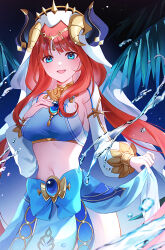 Rule 34 | 1girl, absurdres, breasts, crop top, fake horns, genshin impact, highres, horns, jewelry, ki 1315, long hair, long sleeves, looking at viewer, medium breasts, midriff, navel, nilou (genshin impact), open mouth, red hair, smile, stomach, water