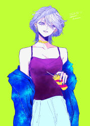 Rule 34 | 1girl, absurdres, alternate hairstyle, black nails, blue jacket, blue skirt, breasts, camisole, can, cleavage, collarbone, commentary request, contemporary, cowboy shot, dated, drinking straw, earrings, gold choker, green background, gundam, gundam suisei no majo, hair over one eye, highres, holding, holding can, jacket, jewelry, lip piercing, looking at viewer, medium breasts, medium hair, miorine rembran, off shoulder, parted lips, piercing, purple camisole, purple eyes, skirt, solo, twitter username, white hair, wolf cut, yuri kyanon