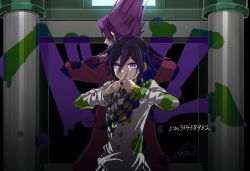 Rule 34 | 2boys, back-to-back, checkered clothes, checkered scarf, commentary request, crossed fingers, danganronpa (series), danganronpa v3: killing harmony, grey jacket, hair between eyes, hands up, height difference, highres, jacket, kitsunebi v3kokonn, long sleeves, looking at viewer, male focus, momota kaito, multiple boys, oma kokichi, paint, pillar, pink hair, pink jacket, purple eyes, purple hair, scarf, short hair, signature, solo focus, spiked hair, spoilers, straitjacket, upper body, x fingers
