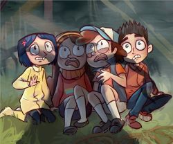 Rule 34 | 2boys, 2girls, baseball cap, black footwear, black hair, blue hair, brother and sister, brown footwear, brown hair, child, clenched teeth, coraline, coraline jones, crossover, dipper pines, frown, gravity falls, guillotin, hair ornament, hairband, hat, long hair, mabel pines, miniskirt, multiple boys, multiple crossover, multiple girls, norman babcock, on floor, open mouth, outdoors, pants, paranorman, scared, shadow, shirt, short hair, shorts, siblings, sitting, skirt, sweater, t-shirt, teeth, trait connection, waistcoat, white legwear, yellow footwear