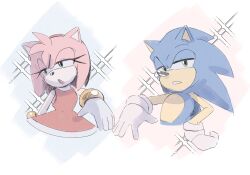 1boy 1girl amy_rose animal_ears animal_nose bracelet chinchila010 commentary dress english_commentary furry furry_female furry_male gloves green_eyes hairband half-closed_eyes highres jewelry looking_to_the_side open_mouth red_dress red_hairband simple_background sonic_(series) sonic_rush sonic_the_hedgehog upper_body white_background white_gloves