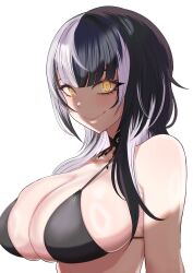 Rule 34 | 1girl, alternate breast size, between breasts, bikini, black bikini, black choker, black hair, blunt bangs, breasts, choker, cleavage, closed mouth, glowing, glowing eyes, highres, hololive, hololive english, large breasts, long hair, looking at viewer, multicolored hair, redi (rasec asdjh), shiori novella, skindentation, smile, solo, split-color hair, strap gap, swimsuit, two-tone hair, upper body, virtual youtuber, white hair, yellow eyes