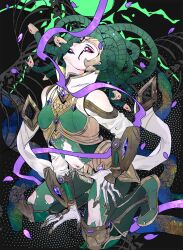 Rule 34 | 1girl, absurdres, animification, apex legends, black lips, bodysuit, breasts, catalyst (apex legends), chinese commentary, clothing cutout, dabao nugong, eyeshadow, gloves, gorgon&#039;s glare catalyst, green bodysuit, green hair, head tilt, highres, looking at viewer, makeup, navel piercing, official alternate costume, parted lips, piercing, pink eyes, purple eyeshadow, purple ribbon, ribbon, shaft look, shoulder cutout, small breasts, smile, snake hair, solo, torn clothes, white gloves