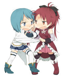 Rule 34 | 10s, 2girls, angry, bare shoulders, black legwear, bleeding, blood, blue eyes, blue hair, boots, bow, cape, chibi, cuffs, detached sleeves, dress, eye contact, fang, fighting, frilled skirt, frills, gloves, grabbing, grabbing another&#039;s hair, hair bow, high heels, injury, looking at another, magical girl, mahou shoujo madoka magica, mahou shoujo madoka magica (anime), miki sayaka, multiple girls, nosebleed, open mouth, pleated skirt, ponytail, red dress, red eyes, red hair, sakura kyoko, scratches, shoes, simple background, skirt, standing, thighhighs, torn clothes, tsuduya (knt31), white background, white gloves, white legwear, zettai ryouiki