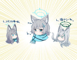 Rule 34 | 1girl, absurdres, animal ear fluff, animal ears, blue archive, blue eyes, blue halo, blue scarf, blush, closed mouth, cross hair ornament, dark halo, emphasis lines, extra ears, fringe trim, grey hair, hair ornament, halo, highres, long hair, mismatched pupils, multiple views, scarf, shiroko (blue archive), shiroko (young) (blue archive), shiroko terror (blue archive), short hair, suecovsky, translation request, wolf ears