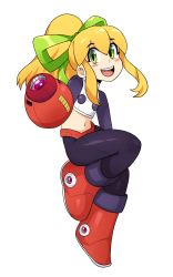 Rule 34 | 1girl, adapted costume, angeliccmadness, black leggings, blonde hair, blush stickers, boots, cannon, child, full body, green eyes, hair ribbon, highres, leggings, long hair, mega man (classic), mega man (series), midriff, navel, open mouth, ponytail, red footwear, ribbon, roll (mega man), sidelocks, simple background, smile, solo, standing, standing on one leg, teeth, tongue, upper teeth only, white background