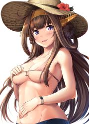 Rule 34 | 1girl, :d, anchor symbol, bad id, bad twitter id, bare shoulders, bikini, blue shorts, blush, breasts, brown hair, casual, collarbone, double bun, flower, groin, hair bun, hand on own chest, hand on own stomach, hat, hat flower, headgear, hibiscus, highres, ichikawa feesu, kantai collection, kongou (kancolle), kongou kai ni (kancolle), long hair, looking at viewer, medium breasts, navel, open mouth, pink bikini, purple eyes, shorts, sidelocks, simple background, smile, solo, stomach, straw hat, swimsuit, tareme, upper body, very long hair, watch, white background, wristwatch