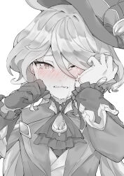 Rule 34 | 1girl, ascot, asymmetrical gloves, blush, brooch, coat, crying, frilled cuffs, furina (genshin impact), gem, genshin impact, gloves, greyscale, gurumarider(gr), hair between eyes, hands on own face, hat, highres, jewelry, long sleeves, looking at viewer, medium hair, mismatched gloves, monochrome, one eye closed, simple background, snot, solo, swept bangs, tears, upper body, vest, white background